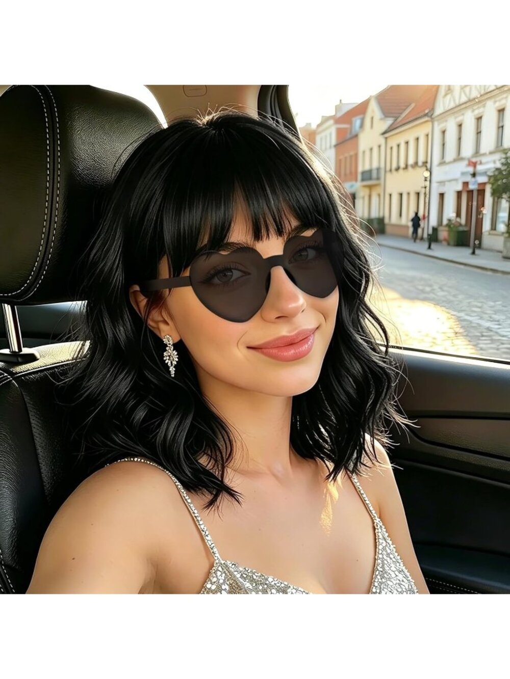 Women's Black Curly Bob Synthetic Wigs Bangs With Neon Heart Sunglasses